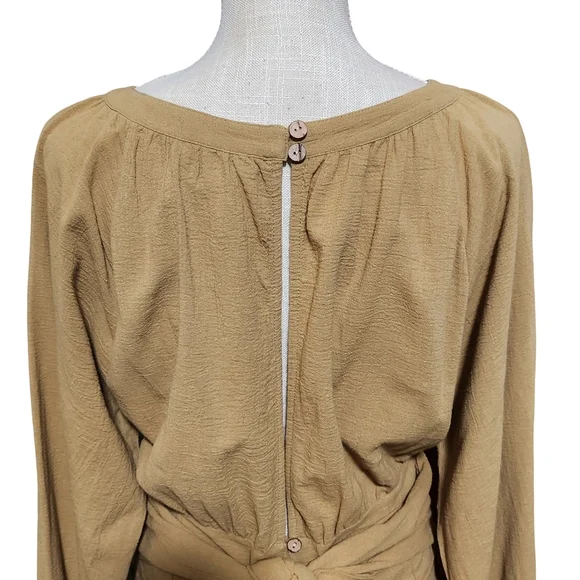 FREE PEOPLE The Only One Mini Dress Womens Small Tan Long Sleeve Ruched Tie Boho - Picture 7 of 16